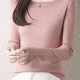 Casual Versatile Solid-Color Rhinestone Sweater