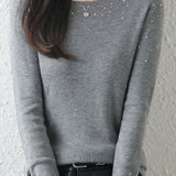 Casual Versatile Solid-Color Rhinestone Sweater