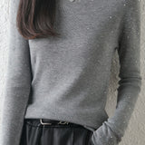 Casual Versatile Solid-Color Rhinestone Sweater
