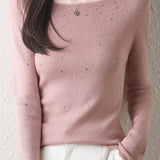 Casual Versatile Solid-Color Rhinestone Sweater
