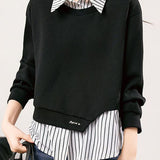 Casual Fake Two-Piece Striped Patchwork Shirt Collar Sweatshirt