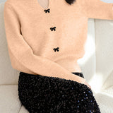 Casual Solid-Color V-Neck Bow-Knot Knitted Top