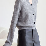 Casual Solid-Color V-Neck Bow-Knot Knitted Top