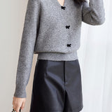 Casual Solid-Color V-Neck Bow-Knot Knitted Top