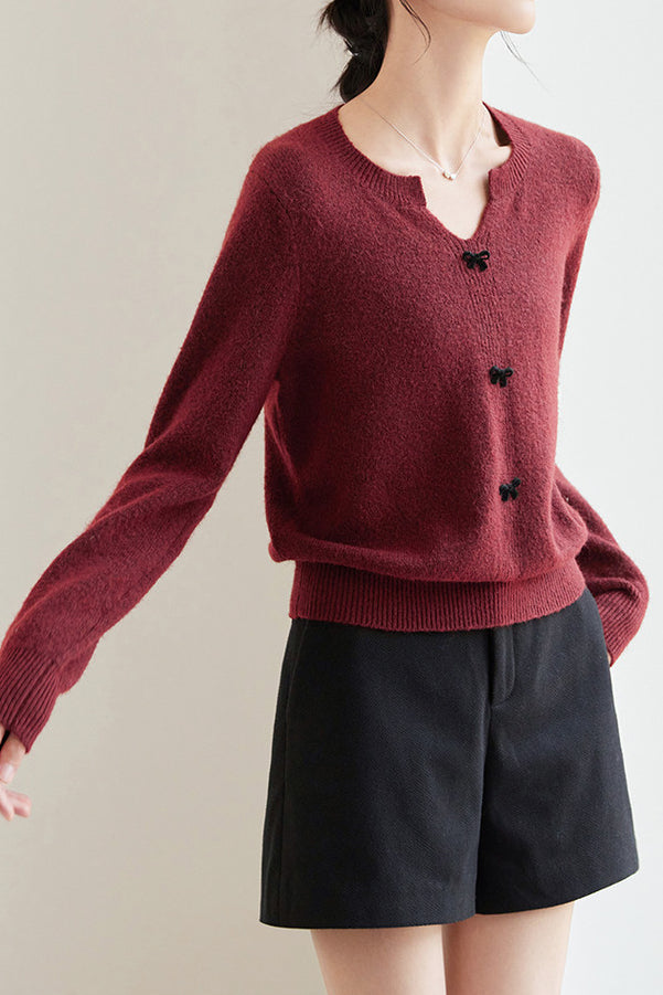 Casual Solid-Color V-Neck Bow-Knot Knitted Top - liwisi
