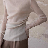 Exquisite Elegant Solid-Color Lurex Pleated Sheer Mesh Blouse