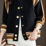 Casual Versatile Color-Block Striped Lapel Knitted Coat