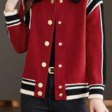 Casual Versatile Color-Block Striped Lapel Knitted Coat
