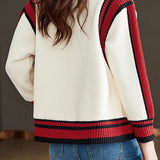 Casual Versatile Color-Block Striped Lapel Knitted Coat
