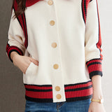 Casual Versatile Color-Block Striped Lapel Knitted Coat
