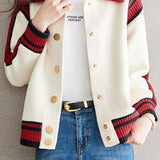 Casual Versatile Color-Block Striped Lapel Knitted Coat