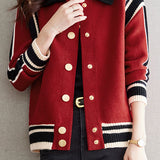 Casual Versatile Color-Block Striped Lapel Knitted Coat
