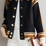 Casual Versatile Color-Block Striped Lapel Knitted Coat