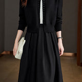 Casual Versatile Color-Block Knitted Cardigan A-Line Skirt 2-Piece Set