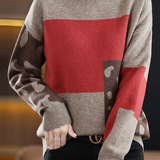 Casual Versatile Color-Blocked Cow Print Pullover Sweater