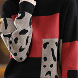 Casual Versatile Color-Blocked Cow Print Pullover Sweater