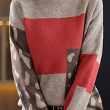 Casual Versatile Color-Blocked Cow Print Pullover Sweater
