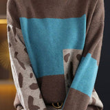 Casual Versatile Color-Blocked Cow Print Pullover Sweater