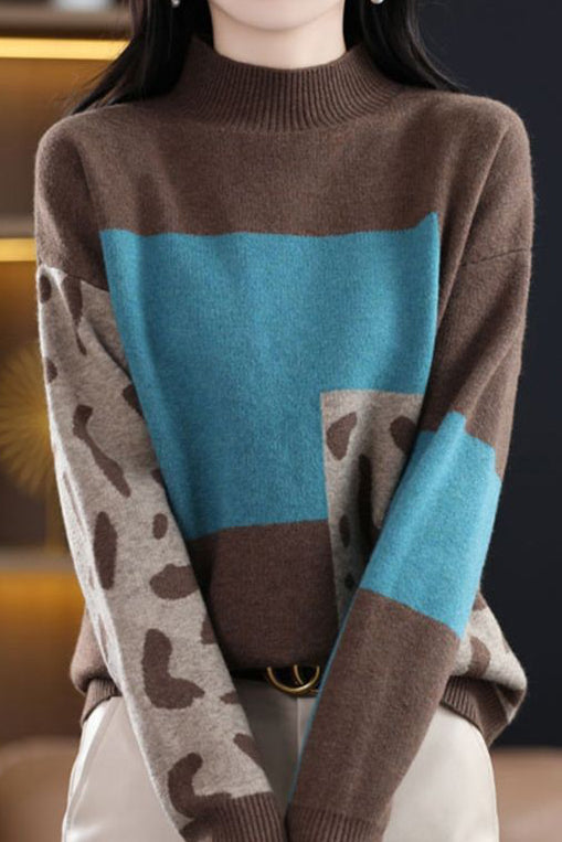 Casual Versatile Color-Blocked Cow Print Pullover Sweater - liwisi