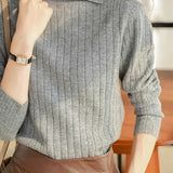 Casual Versatile Solid-Color Chunky Ribbed Half-High Lapel Knitted Top