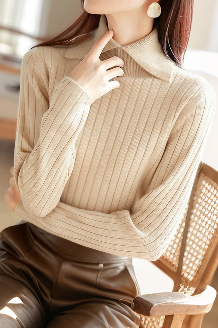 Casual Versatile Solid-Color Chunky Ribbed Half-High Lapel Knitted Top - liwisi