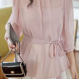 Casual Solid-Color Ruched Pearl White Camisole Shirt + Pink Long-Sleeve Blouse 2-Piece Set