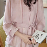 Casual Solid-Color Ruched Pearl White Camisole Shirt + Pink Long-Sleeve Blouse 2-Piece Set