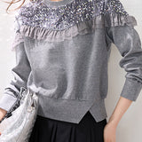 Casual Temperament Crew Neck Hem Split Long-Sleeve Sweatshirt