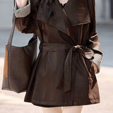 Exquisite Elegant Belted Mature-Style Leather Jacket
