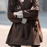 Exquisite Elegant Belted Mature-Style Leather Jacket