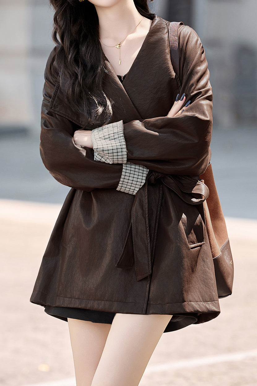 Exquisite Elegant Belted Mature-Style Leather Jacket Exquisite Elegant Belted Mature-Style Leather Jacket