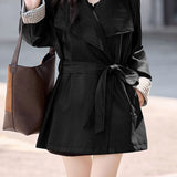 Exquisite Elegant Belted Mature-Style Leather Jacket
