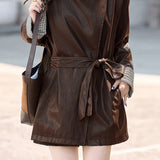 Exquisite Elegant Belted Mature-Style Leather Jacket