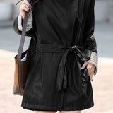 Exquisite Elegant Belted Mature-Style Leather Jacket