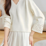 Casual Versatile Pullover Long-Sleeve Hollow-Out V-Neck Sweater