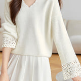 Casual Versatile Pullover Long-Sleeve Hollow-Out V-Neck Sweater