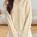 Casual Versatile Pullover Long-Sleeve Hollow-Out V-Neck Sweater