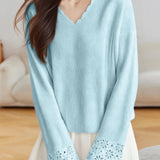 Casual Versatile Pullover Long-Sleeve Hollow-Out V-Neck Sweater