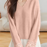 Casual Versatile Pullover Long-Sleeve Hollow-Out V-Neck Sweater