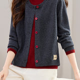 Casual Versatile Color-Block Half-High Neck Fake Two-Piece Sweater