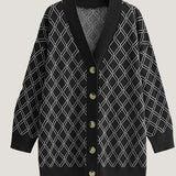 Casual Versatile V-Neck Long-Sleeve Argyle Knitted Cardigan