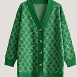 Casual Versatile V-Neck Long-Sleeve Argyle Knitted Cardigan