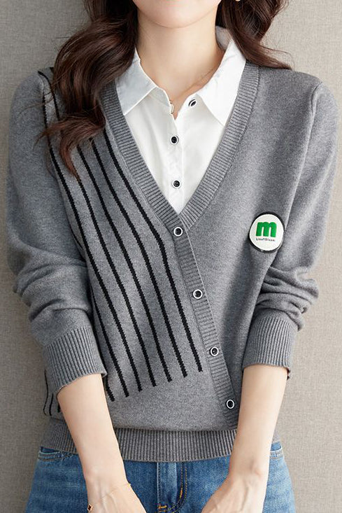 Casual Temperament Shirt Collar Fake Two-Piece Pullover Knitted Top - liwisi