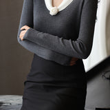 Elegant Temperament V-Shaped Lapel Pullover Color-Block Knitted Top