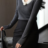 Elegant Temperament V-Shaped Lapel Pullover Color-Block Knitted Top