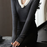 Elegant Temperament V-Shaped Lapel Pullover Color-Block Knitted Top