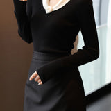 Elegant Temperament V-Shaped Lapel Pullover Color-Block Knitted Top
