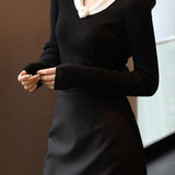 Elegant Temperament V-Shaped Lapel Pullover Color-Block Knitted Top