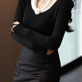 Elegant Temperament V-Shaped Lapel Pullover Color-Block Knitted Top