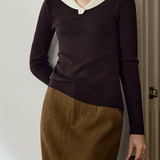 Elegant Temperament V-Shaped Lapel Pullover Color-Block Knitted Top
